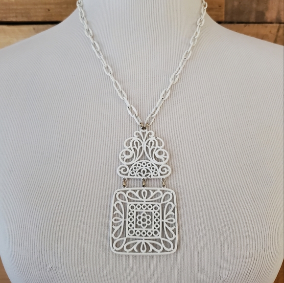 Crown Trifari Jewelry - Vintage 1970s Crown TRIFARI White Enamel Floral/Scroll Pendant & Chain